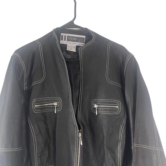 JL Studio Vintage 90s Plus Size 20 W Black 100% Leather Half Zip Moto Jacket - Picture 2 of 9
